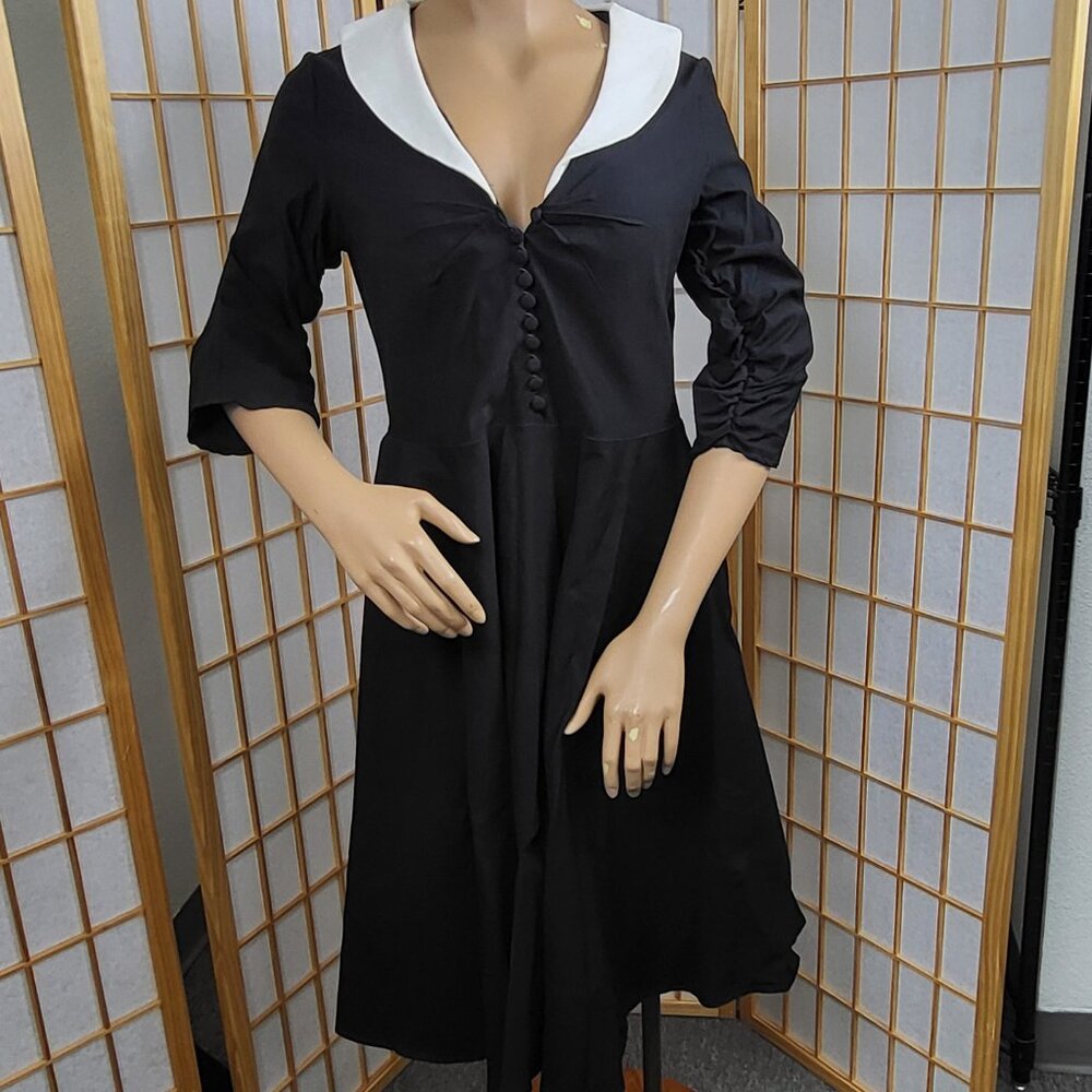 Unique Vintage black rockabilly black midi dress white collar size XXL